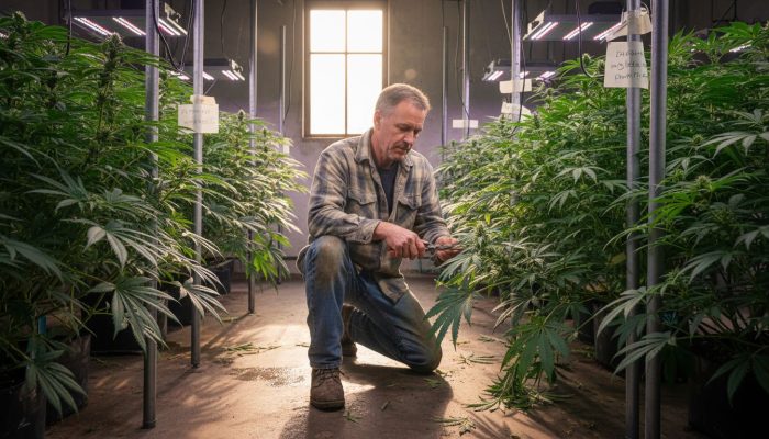 Cultivator tending hybrid cannabis plants