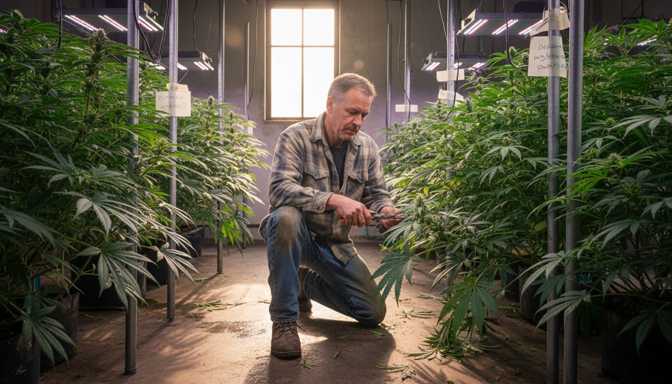 Cultivator tending hybrid cannabis plants