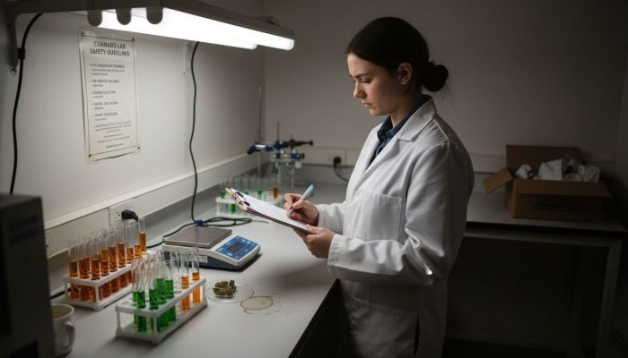 Lab technician preparing cannabis test samples