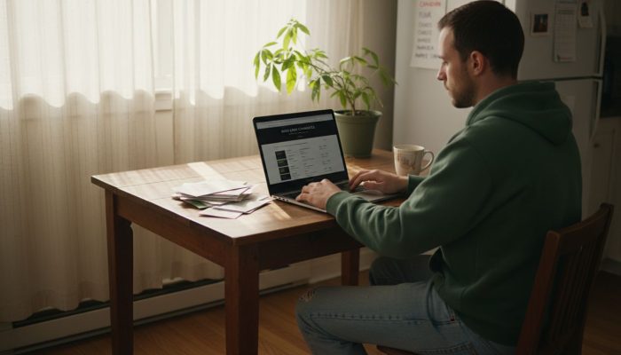 Man ordering cannabis online at kitchen table