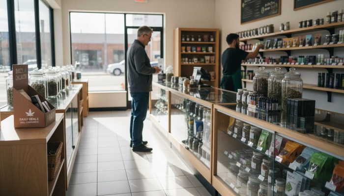 Customer browsing cannabis products in shop