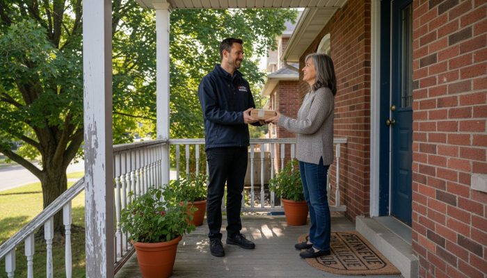 Courier delivering cannabis package at front door
