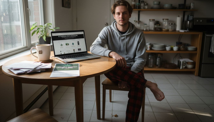 Man ordering cannabis online at kitchen table