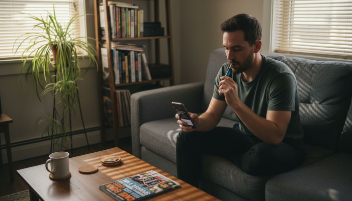 Man relaxing with cannabis vape pen indoors