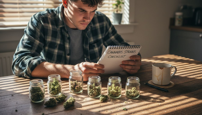 Man making cannabis strains checklist at home table