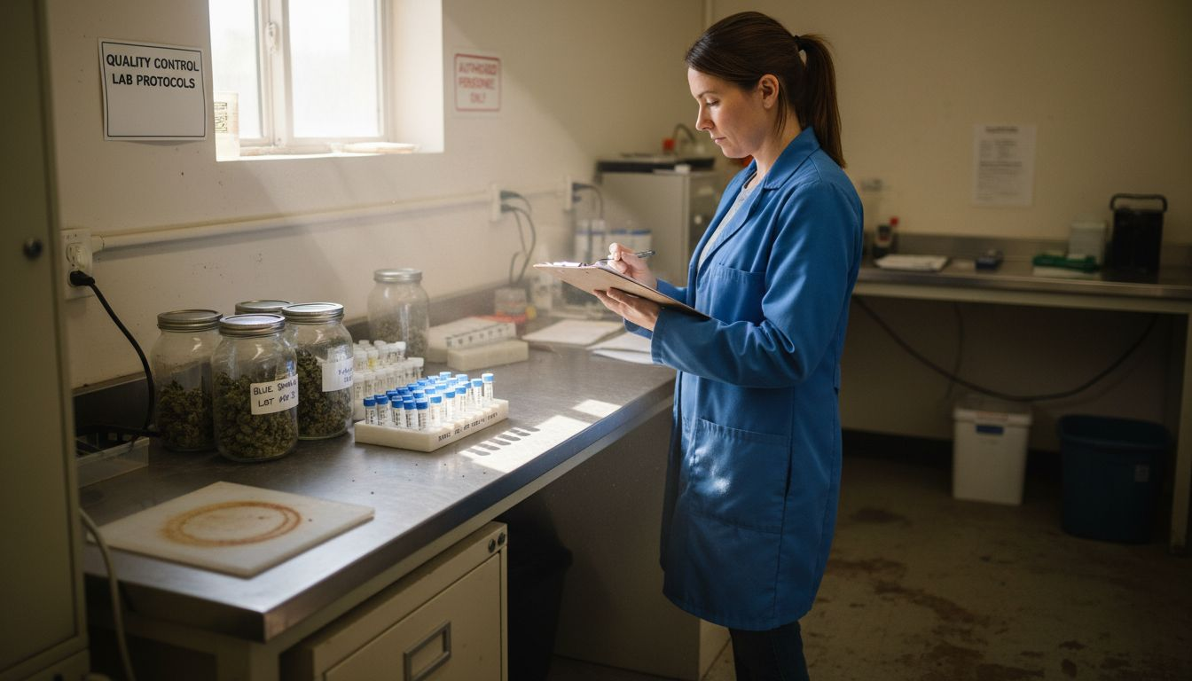 Technician inspecting cannabis samples in lab