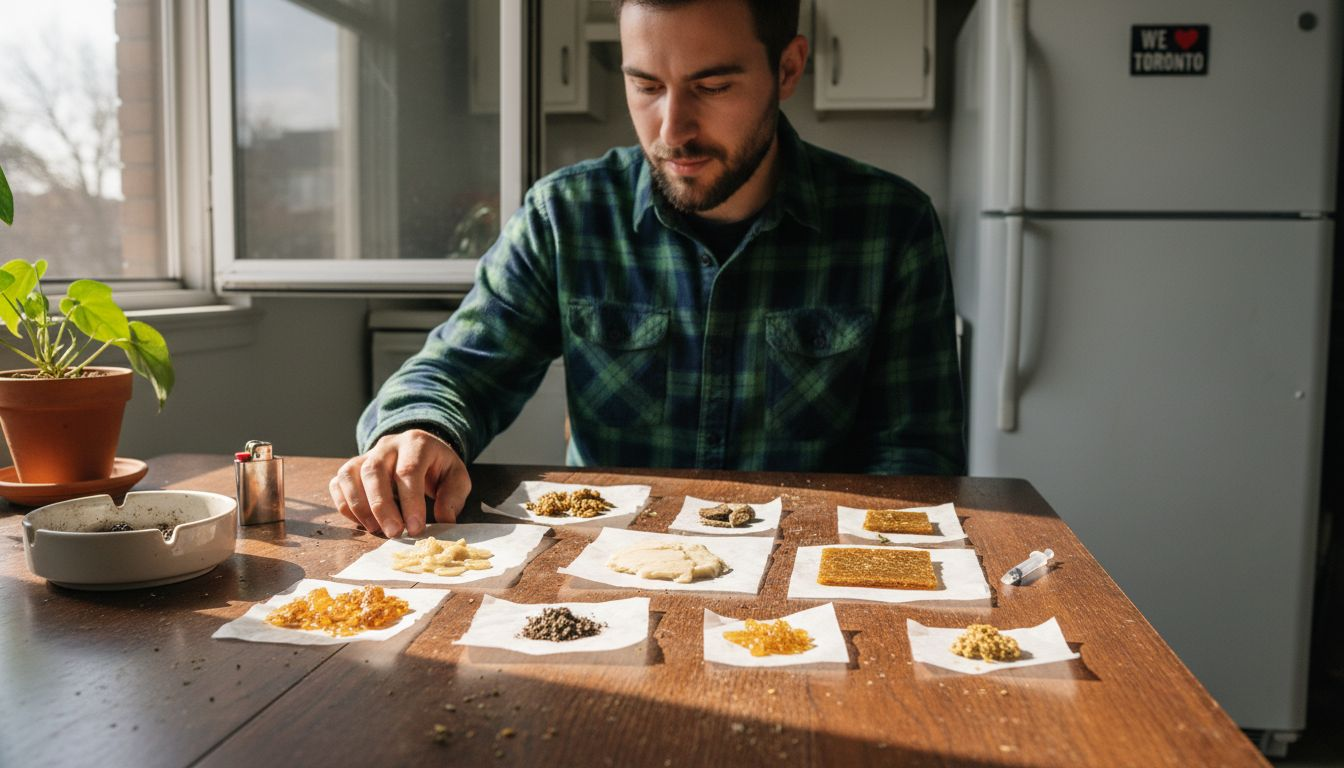 Person examining various cannabis concentrates on kitchen table