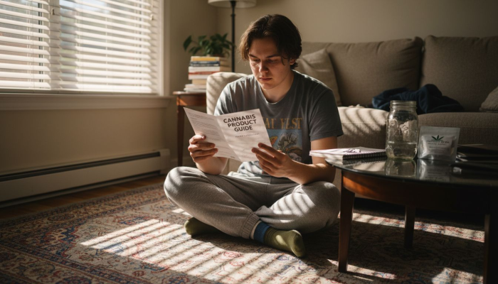 Young adult learning about cannabis in a cozy living room
