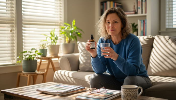 Woman relaxing with CBD wellness products