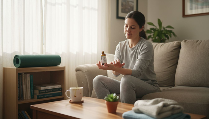 Woman using cannabis oil for wellness at home