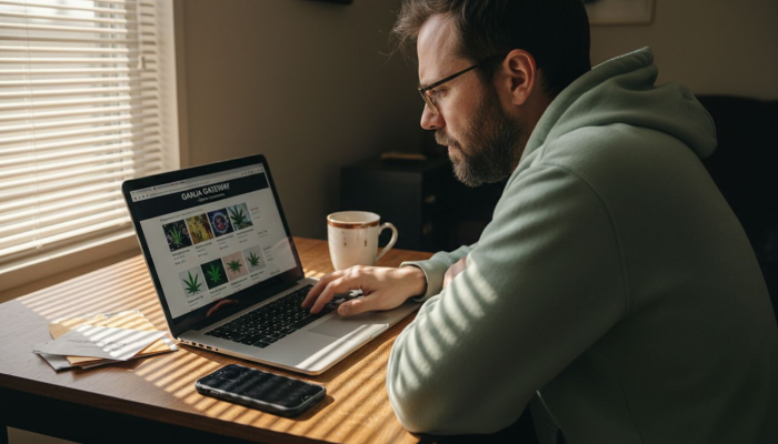 Man browsing cannabis shop at kitchen table