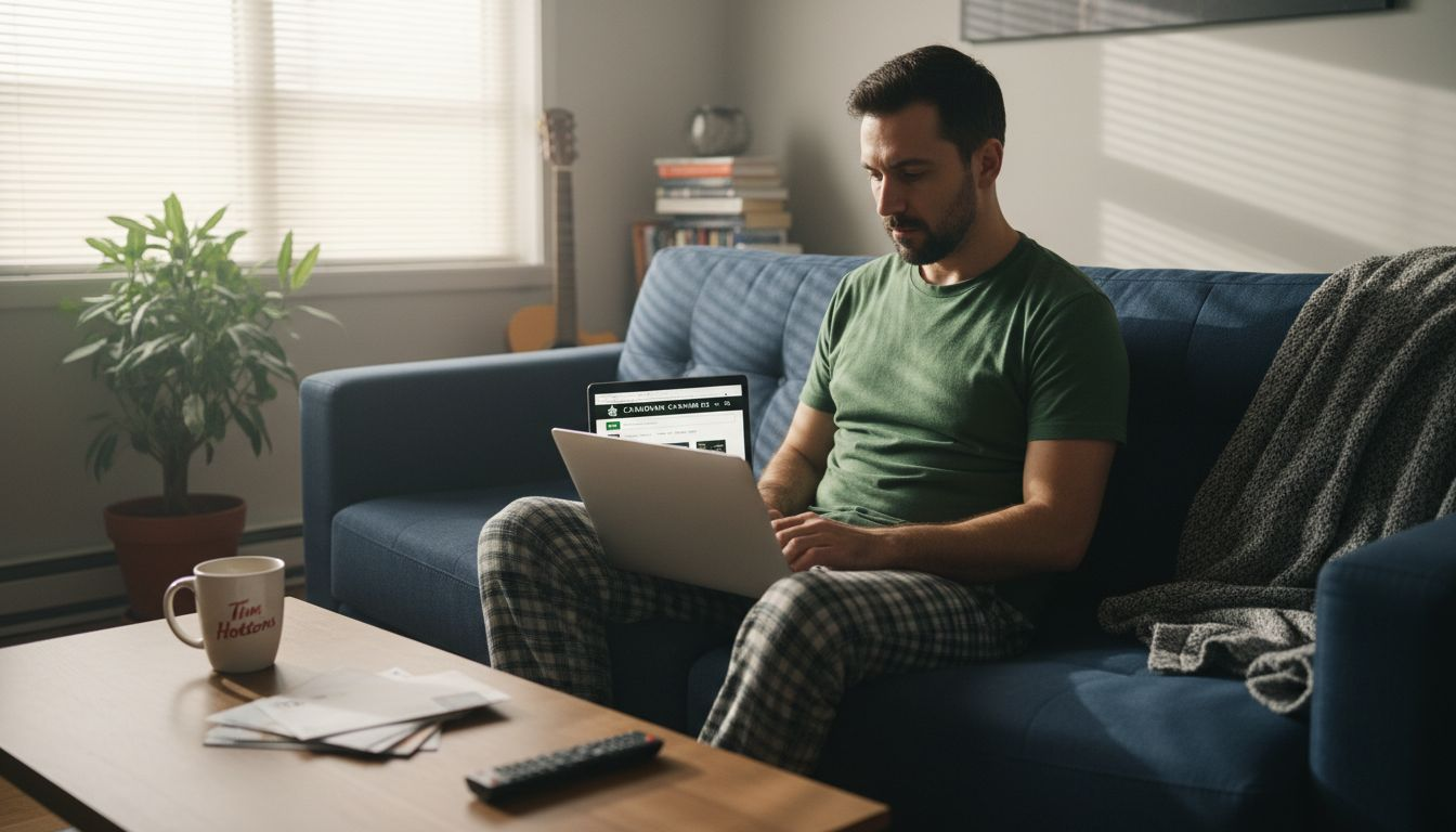 Man shopping cannabis online in apartment