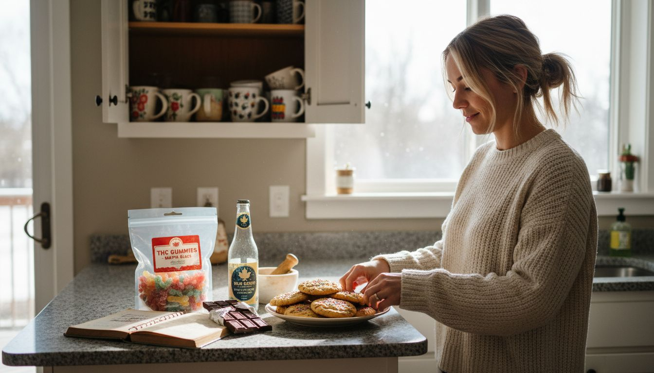 Assorted cannabis edibles arranged in cozy kitchen