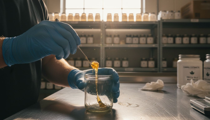 Technician handling cannabis concentrate in lab