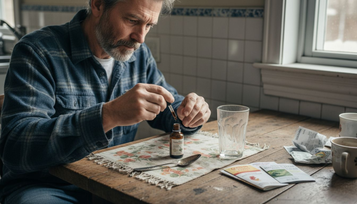 Man measuring cannabis tincture in kitchen
