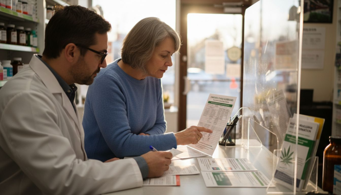 Patient consulting pharmacist about cannabis dosing