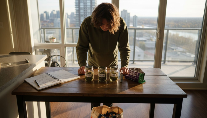 Person choosing cannabis products at home