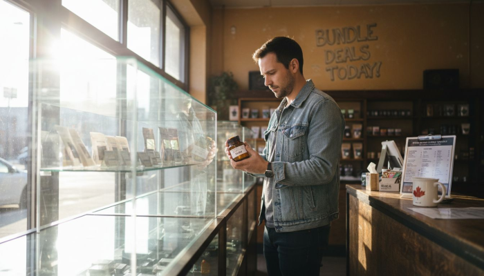 Shopper examining cannabis products in Toronto store