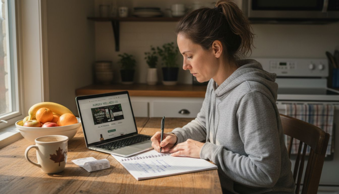 Woman comparing CBD products online at kitchen table